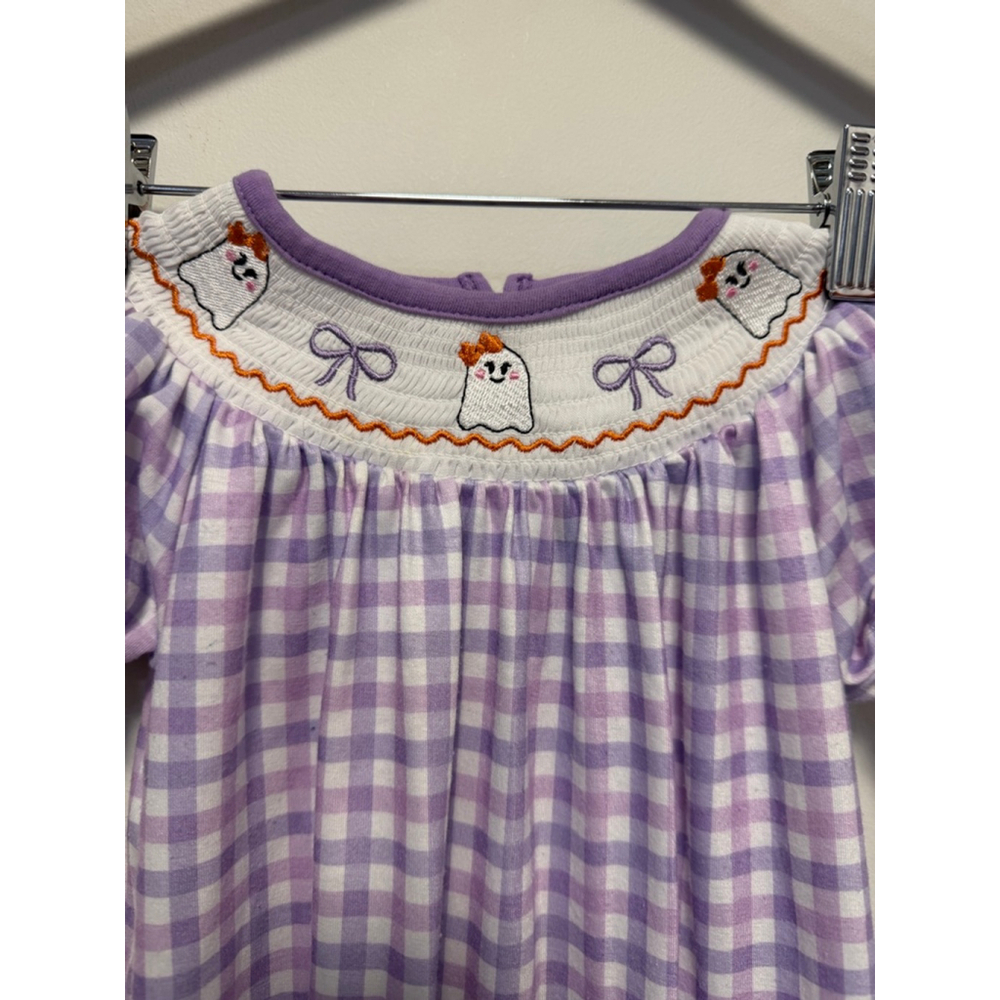 Baby Girl Jumpsuit & Romper 12 M Purple White Gingham Ghost Smocked Embroidered - Picture 3 of 7